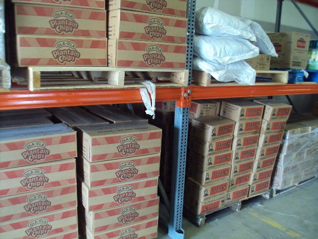 Assorted packaged food products on warehouse shelves